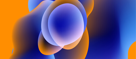 Abstract fluid shapes blend, vibrant orange, blue, purple hues create dynamic composition. Smooth gradients suggest movement, depth.