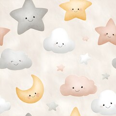 Seamless pastel pattern with smiling stars, clouds, and moon — watercolor-style nursery design for baby textiles, wallpaper, and decor