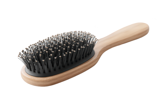 Oval wooden hairbrush with dark bristles, isolated on black