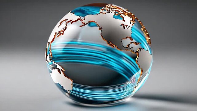 Global Connectivity: A luminous globe, encircled by shimmering blue ribbons, symbolizes the interconnectedness of the world, with continents artfully highlighted.