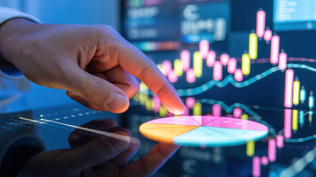 Close-up of hand interacting with digital pie chart and stock market data on a touchscreen device, showcasing financial analysis and technology.