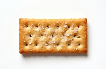 Top view close-up of whole wheat cracker with salt crystals. Healthy baked snack, salty tasty square biscuit, pastry with holes. Gourmet salted crispbread on white background, balanced diet option.