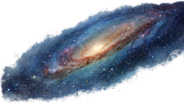 A spiral galaxy, vast and vibrant, with swirling arms of colorful nebulae and countless stars.  Dark space surrounds the galaxy's ethereal structure, showing its immense scale
