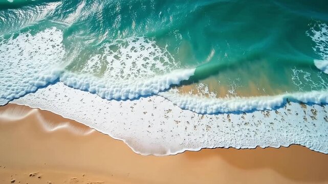 Aerial view of turquoise ocean waves crashing onto a sandy beach, summer vacation vibes