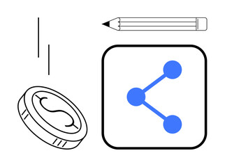 Coin with dollar sign, pencil, and connected nodes in blue representing sharing. Ideal for communication, economy, networking, creativity, design, digital collaboration simple landing page
