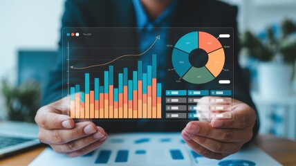Businessman reviewing positive financial data; upward trending bar and pie charts, modern technology.