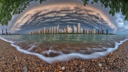 Dramatic cloudscape over Chicago skyline with lake shore in foreground creating unique atmosphere