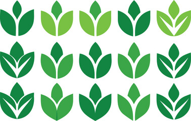 Collection of green leaf icons in various shades