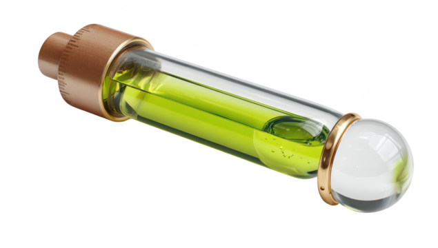 Glass vial with green liquid, copper cap, and clear orb end