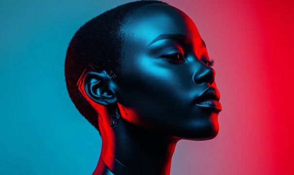 Side profile of an African American AI robot cyborg, humanized robotic artificial intelligence concept, showcasing advancements in AI technology and robotics, Generative AI