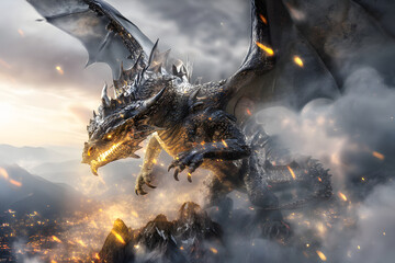 Illustration Fantasy art of fire-breathing dragon soaring in the sky