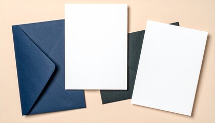 Blank white cards with dark blue and black envelopes on beige background