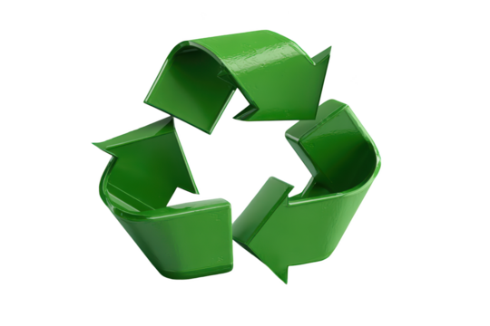 Glossy green triangular recycling symbol on black background