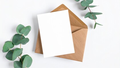 Blank White Card and Kraft Envelope with Eucalyptus Leaves on White Background