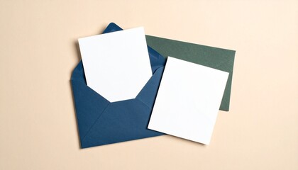 Two blank white cards with a dark blue and green envelope on a beige background