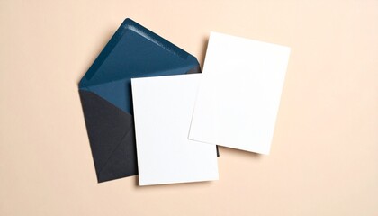 Blank Cards and Dark Blue/Black Envelope Mockup on Beige Background