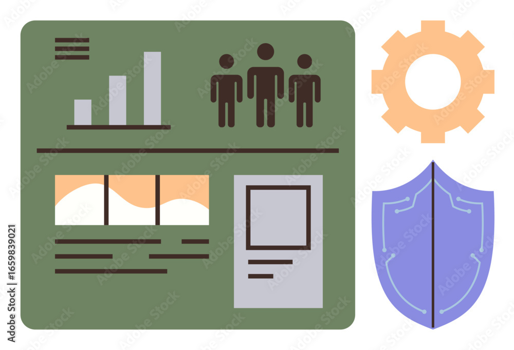 Aufkleber dashboard featuring bar chart, profiles, windows, gear, and shield icon. ideal for analytics, teamwo
