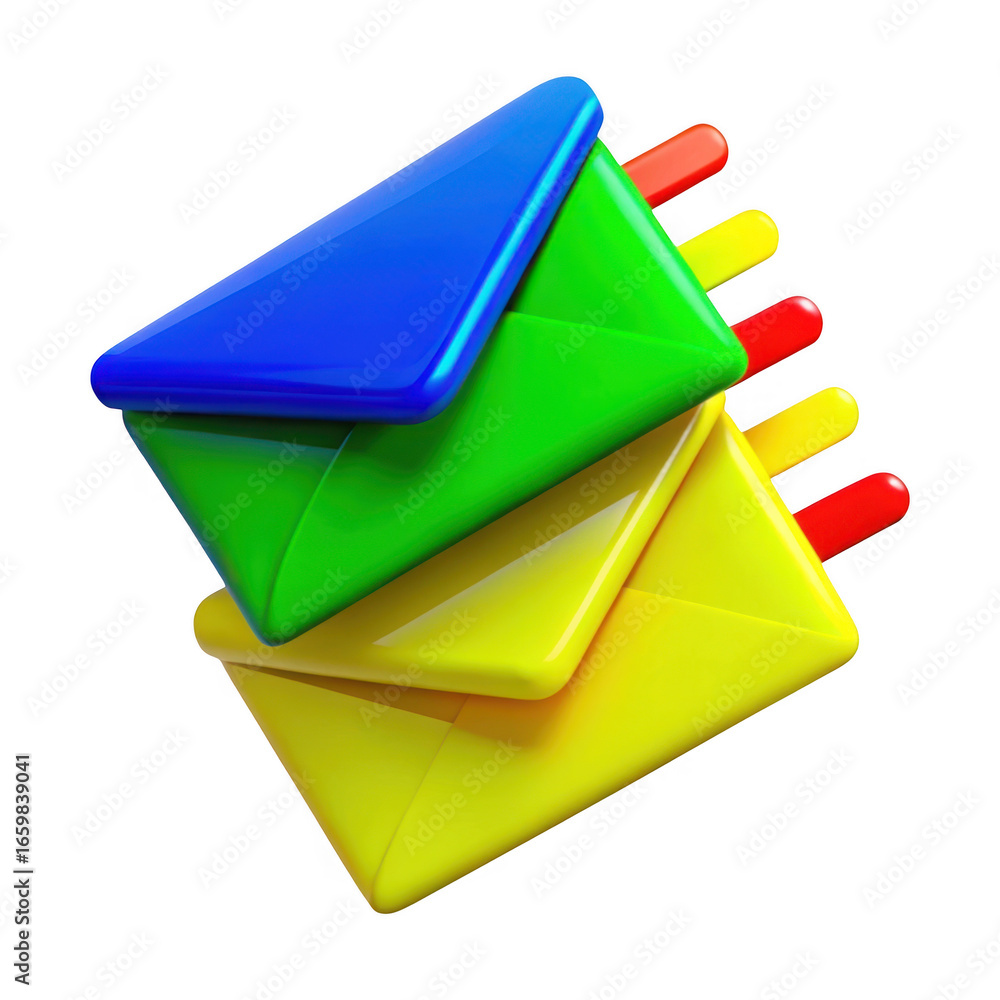 Poster 3d stack of colorful envelopes isolated on transparent background