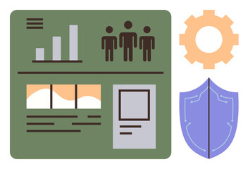 Fototapeta premium Dashboard featuring bar chart, profiles, windows, gear, and shield icon. Ideal for analytics, teamwork, productivity data security process optimization performance analysis and management. A