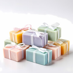 Naklejka premium Pastel-Colored Soaps with White Ribbons on White Background 