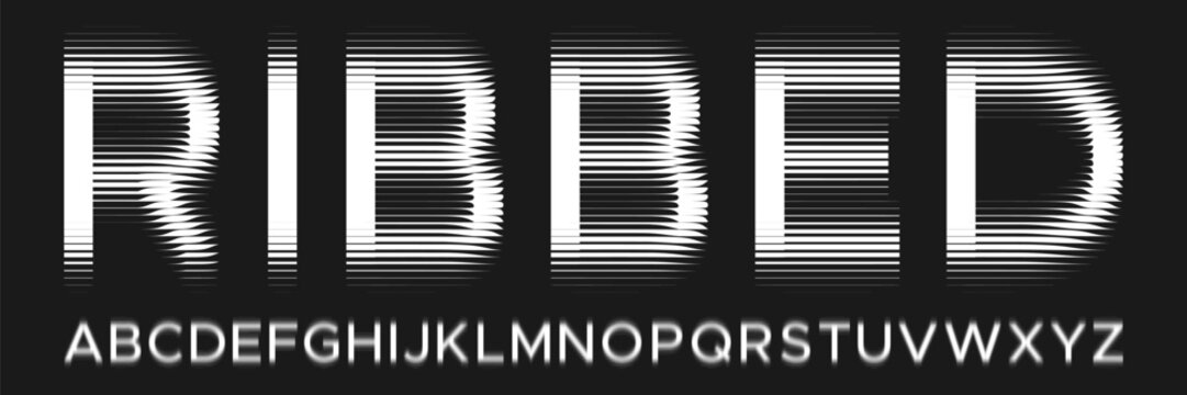 Alphabet with ribbed glass effect. Geometric typography set with bold capital letters distorted by horizontal ribbing. Creative sans serif font with distortion through glass. Vector illustration