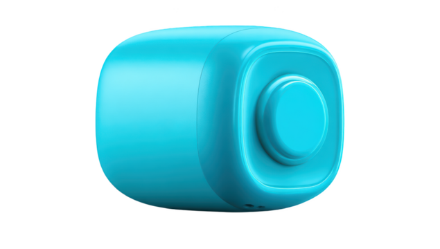 Turquoise, cube-shaped device with a central button. Glossy, isolated on black