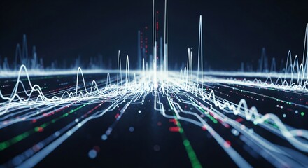 Futuristic digital landscape of glowing data streams and complex signal waveforms on a dark background.