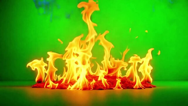 Vibrant flames dance dynamically over a textured surface against a striking green backdrop, creating a powerful visual element for energetic projects.