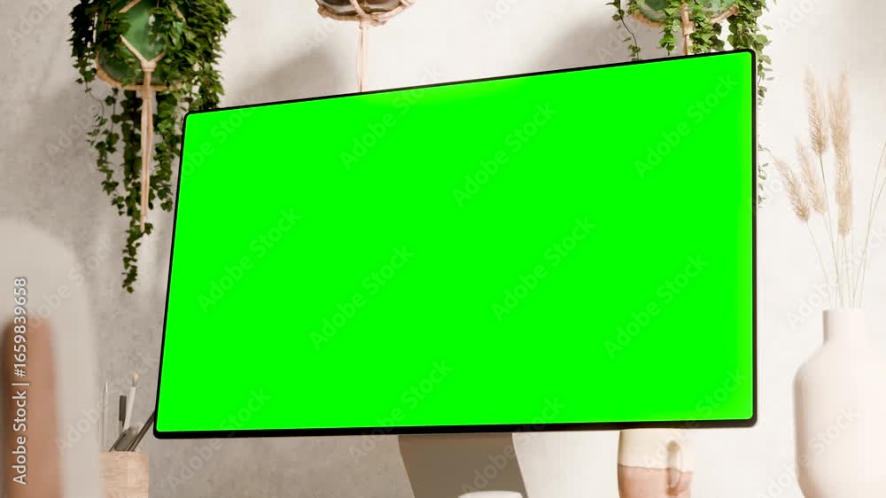 Poster computer monitor with blank green screen mockup on a wooden desk - modern workspace in boho style su