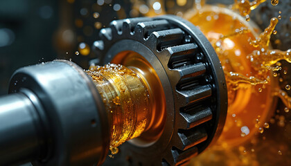 Close-up dynamic shot industrial metal gears in motion, splashing lubricant oil. Precision engineering machinery, metal bearing detail maintenance, manufacturing process. Shiny steel reflects power.