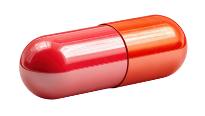 Macro shot of a two-tone capsule, red and orange, with a transparent background