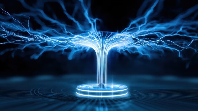 Tesla coil emitting electric arcs into the air, surrounded by glowing electromagnetic field lines, blue neon light, dark background