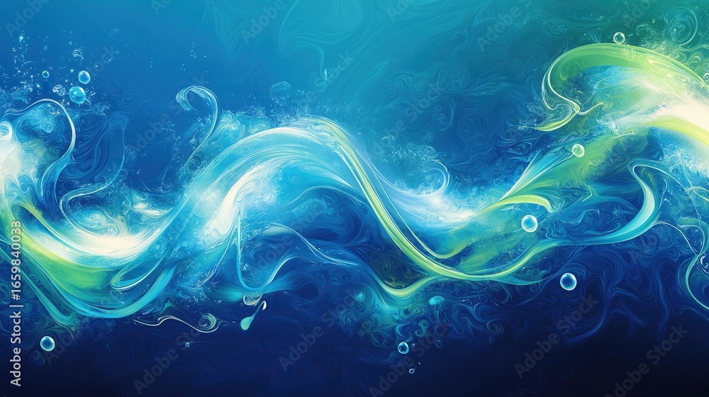 Poster abstract swirling blue and green waves with glossy water elements and light white highlights, elegan