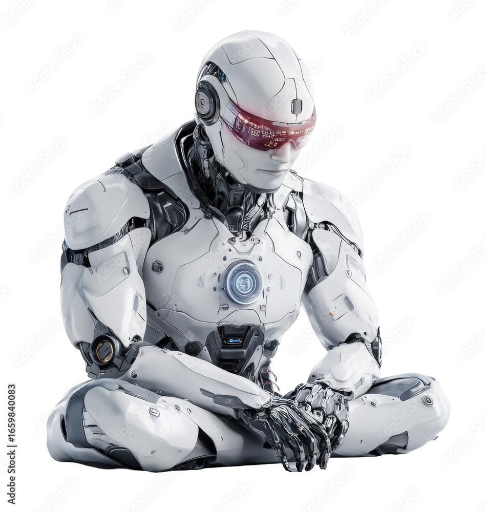 Poster advanced humanoid robot in seated pose with futuristic technology features and cybernetic design