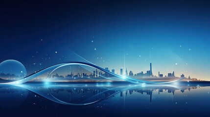 Elegant blue to white gradient background with futuristic city skyline reflected in water, dynamic digital light waves and starry building decorations for modern urban banner design