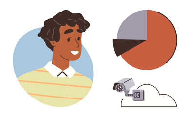Smiling person in casual attire with a pie chart and cloud-linked surveillance camera. Ideal for technology, security, data analytics, business, cloud computing, education, teamwork. Simple flat
