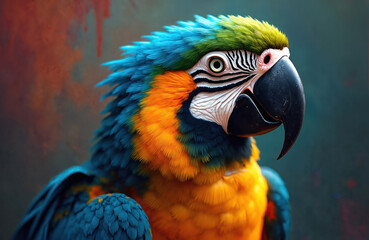 Obraz premium Vibrant blue, yellow parrot portrait, detailed feathers, intense gaze. Fantasy illustration with abstract, colorful paint splashes. Generative AI artwork evokes imagination, magic, surreal universe.