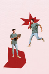 Template collage design trend artwork sketch of human resources young man hold laptop online remote...