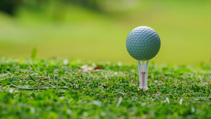 Golf ball on tee in a beautiful golf course with morning sunshine.