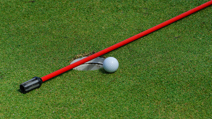 Golf ball on green grass in the evening golf course with sunshine background.