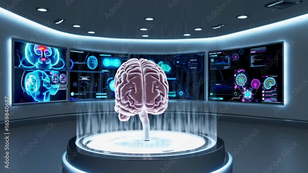 Aufkleber futuristic brain hologram displayed in a high tech laboratory with advanced screens showing brain da