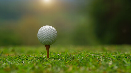 Golf ball on tee in a beautiful golf course with morning sunshine.