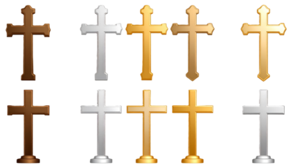 Gold, Silver, Bronze metal Christian cross transparent PNG set bundle, isolated background. Christianity, faith, religion, church, prayer,