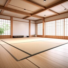 Spacious Japanese Dojo with Gleaming Tatami Floors and Exposed Wood Beams