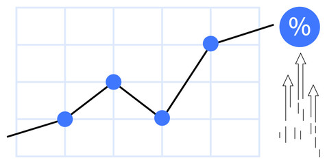 Line graph with upward trend, data points, percent symbol, and growth arrows. Ideal for finance, business, strategy, economics analysis progress tracking success visualization. Simple flat