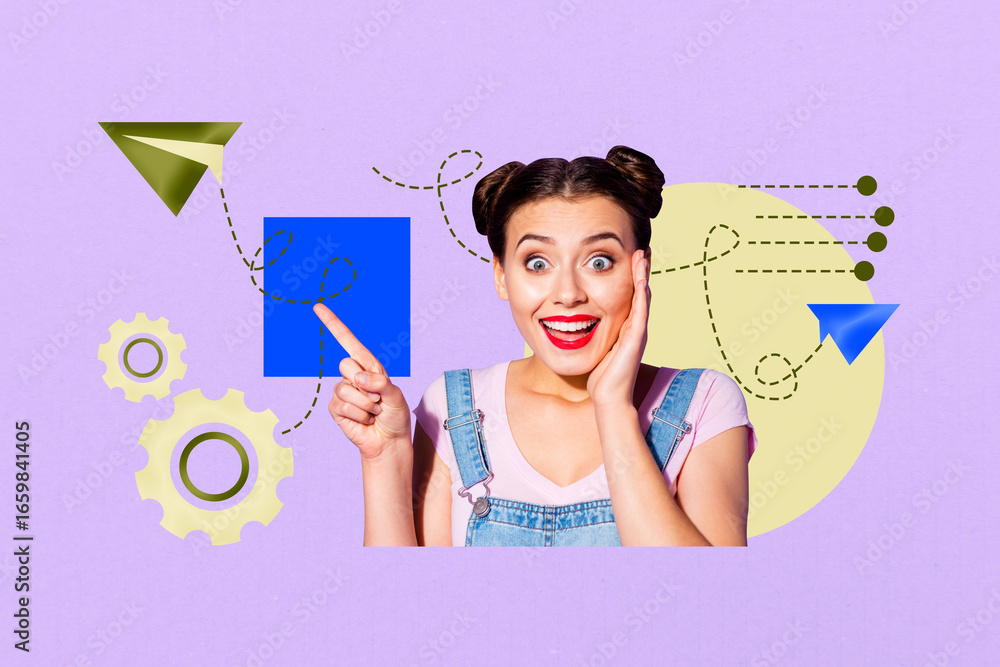 Poster banner 3d image pop vertical collage of happy girl guy hold laptop send receive plane message networ