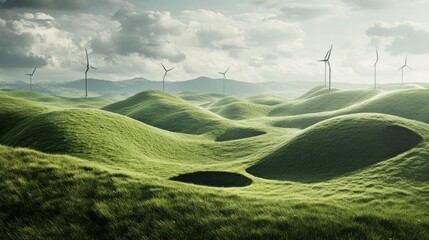 Serene green hills dotted with wind turbines under a cloudy sky promoting sustainable energy