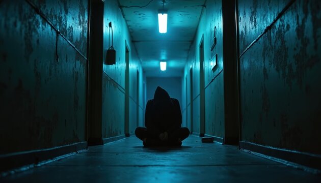 Silhouette of hooded person sits alone in dark blue corridor. Low key image solitude, depression, anxiety. Moody dramatic scene conveys emotional distress, mental health issues. Unlit alleyway with