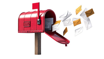 Red mailbox overflowing with letters, some golden, on black background