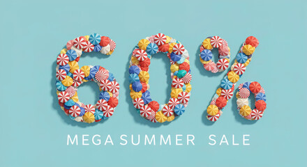 Summer sale showcasing 60 percent off with colorful decorations promoting a festive atmosphere